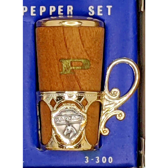 Kansas Horse Salt Pepper Set Wood in Metal Holders 2.5" Tall - Picture 3 of 4